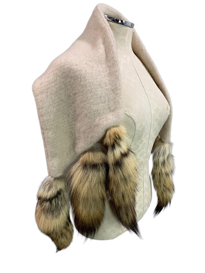 Adrienne Landau Readers Wrap Shawl Scarf Mohair with Fox Tails Vintage 26"l