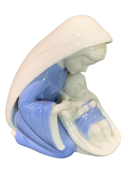 Vintage Mother Mary and Baby Jesus Porcelain Figurine Blue White 4 Inches