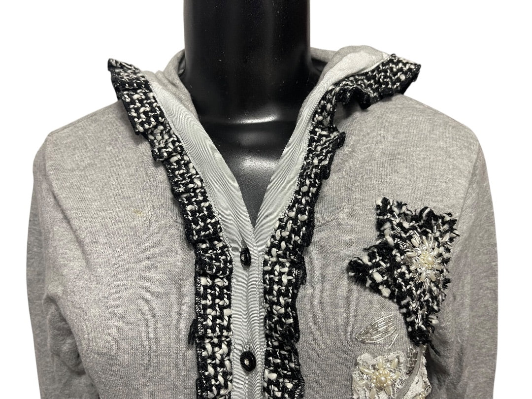 Large Charlotte Womens Gray Cardigan Sweater Hooded Cotton Rosettes