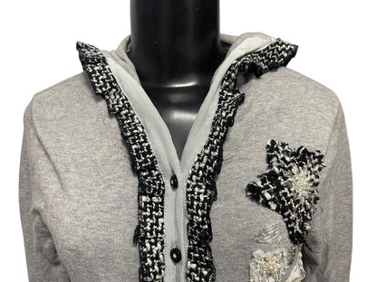 Large Charlotte Womens Gray Cardigan Sweater Hooded Cotton Rosettes