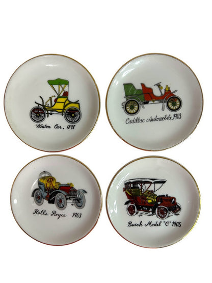 Vintage Set of 4 Antique Car 4” Gold Rim Porcelain Coasters Plate Ashtray