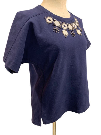 Small J.Crew Womens Navy Blue Ponte Knit Embellished Neckline Shirt