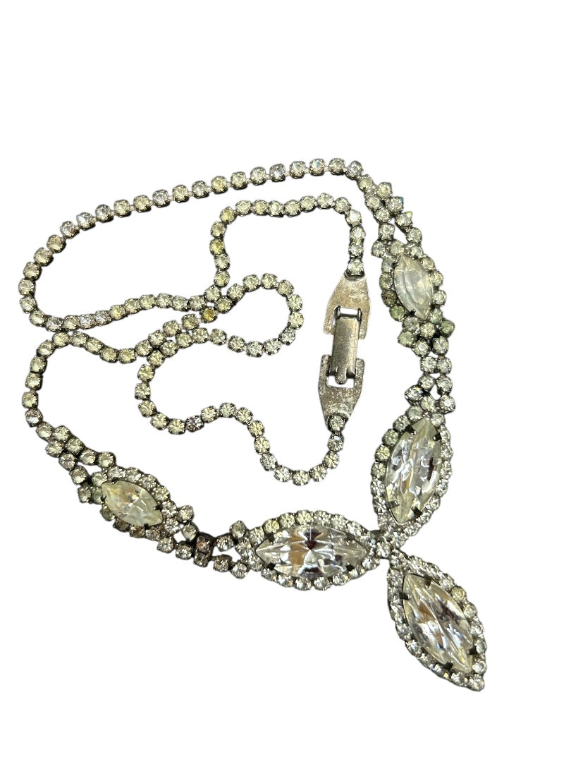 Vintage Rhinestone Necklace Silvertone 16 Inch Foldover Clasp 1.5" Drop