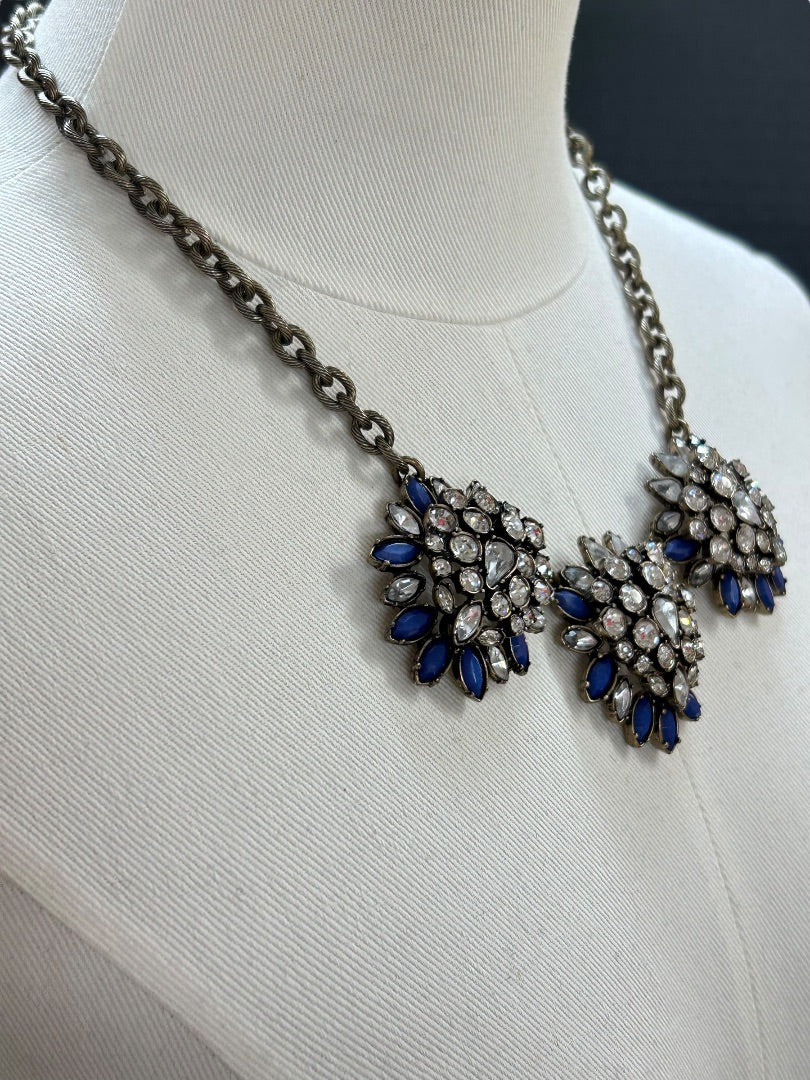 LOFT Chunky Statement Necklace Antiqued Goldtone Blue 20.5 Inch