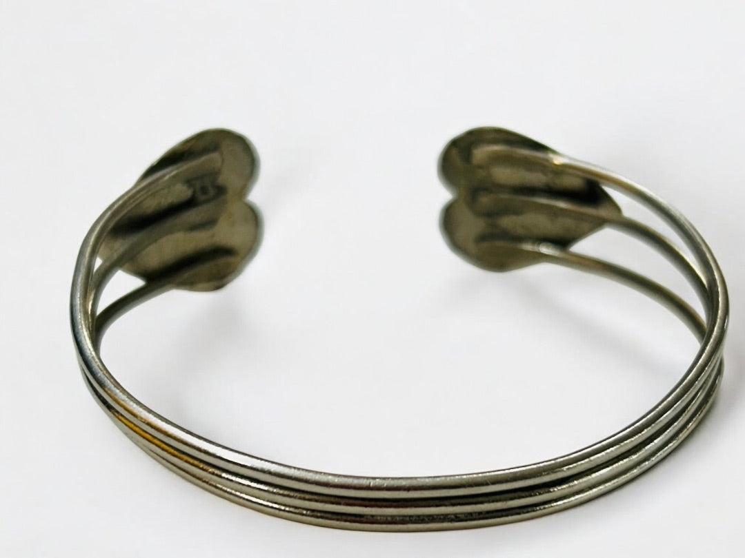 Silvertone Open Bangle Bracelet 2 Hearts Polymer Clay Faux Turquoise