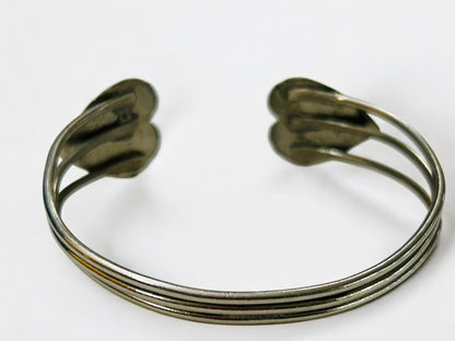 Silvertone Open Bangle Bracelet 2 Hearts Polymer Clay Faux Turquoise