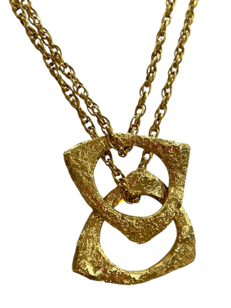 Goldtone Statement Necklace Double Strand 21 Inch Oversize Pendants