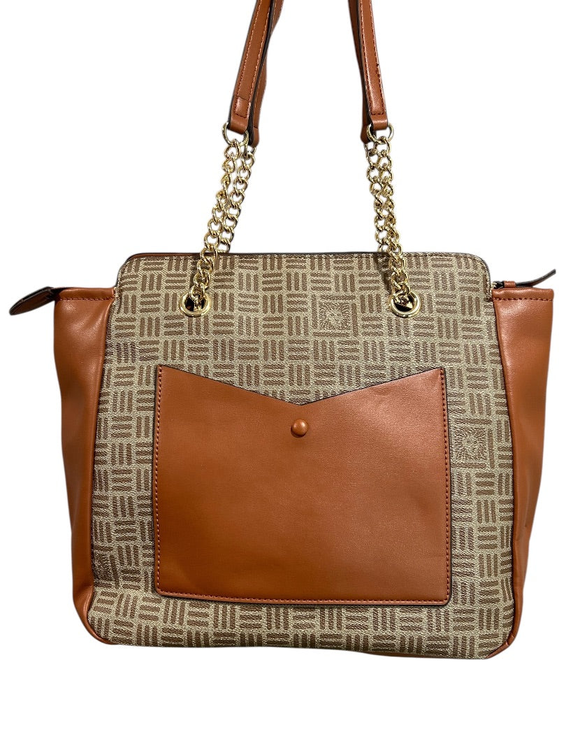 Anne Klein Tote Bag Brown Tan Monogram Chain Strap Purse Zip Pocket Logo