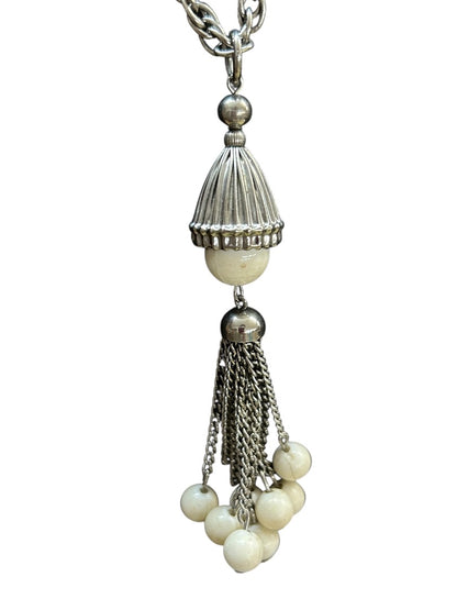 Vintage Silvertone and Cream Bead Necklace 19 Inch Spring Clasp Tassel