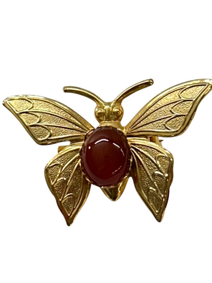 Vintage Goldtone Butterfly Brooch Pin Cabochon Stone 1.5 Inch