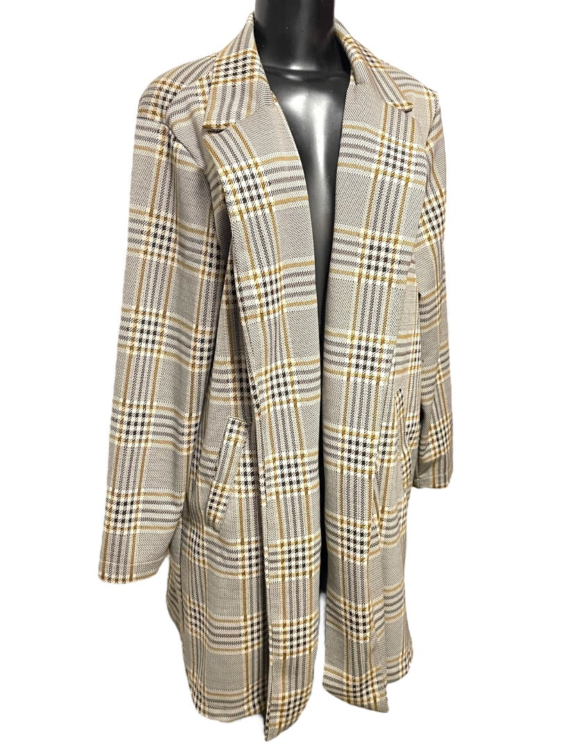 1X Melloday Collared Long Plaid Open Jacket Pockets Womens Retro