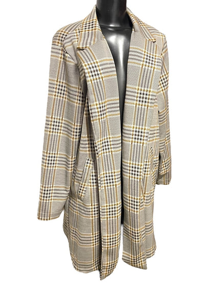 1X Melloday Collared Long Plaid Open Jacket Pockets Womens Retro