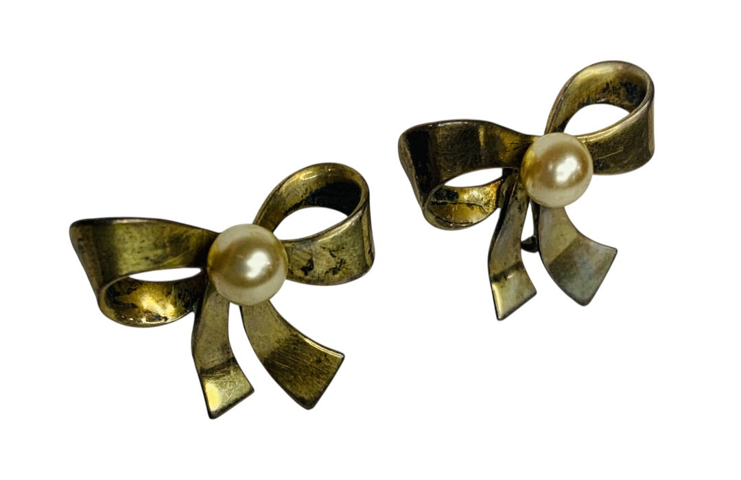 Sterling Silver Goldtone Bow Earrings Clip-On Screwback Faux Pearl .9 Inch