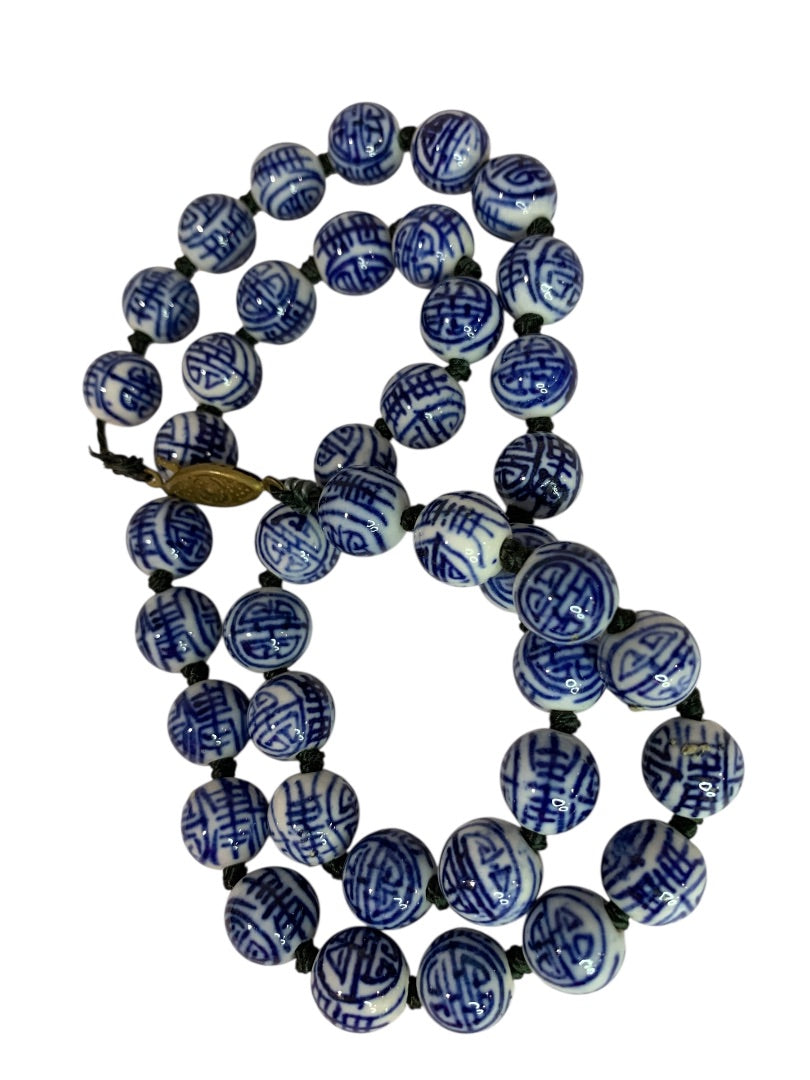 Vintage Asian Ceramic Beaded Hand Knotted Necklace 21 Inch Fish Hook Clasp