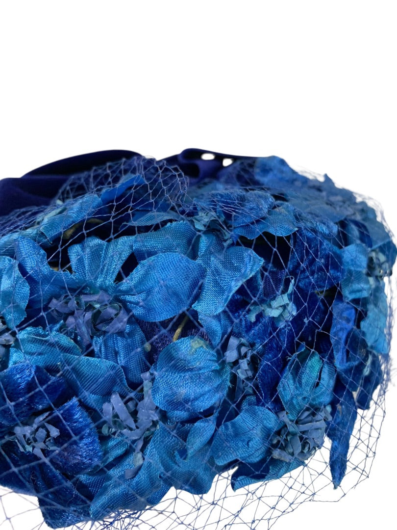 Blue Floral Veil Hat 1950s Net Fascinator Pillbox Style Miss Sally Box John Wanamaker