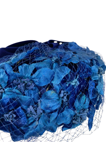 Blue Floral Veil Hat 1950s Net Fascinator Pillbox Style Miss Sally Box John Wanamaker