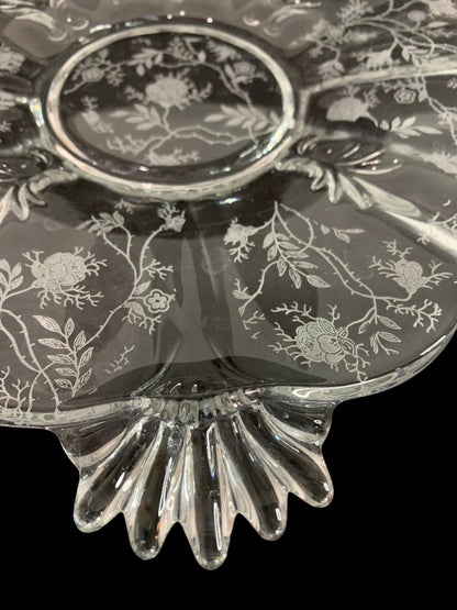Fostoria Chintz Vintage Etched Glass Handled Cake Plate 10.25 Inch