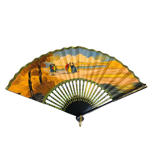 Vintage Hand Fan Vibrant Asian Paper Black Lacquer 10.5 Inch