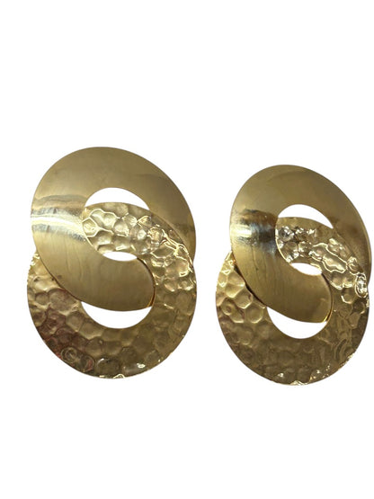 Vintage Goldtone Statement Earrings Hammered Pierced 2.2 Inch