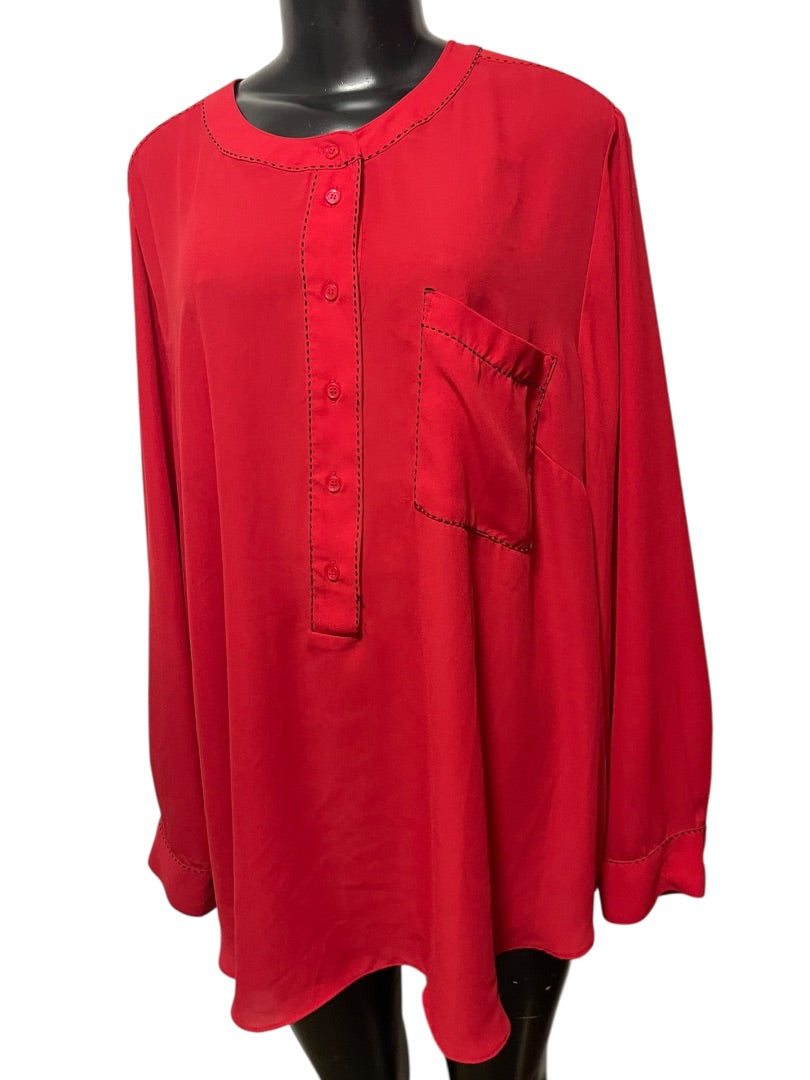 22/24 Lane Bryant Long Sleeve Blouse Shirt Red Contrast Stitch Womens