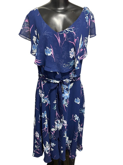 Size 24 Lane Bryant Floral Lined Split Flutter Sleeve Midi Dress Zipper Tie