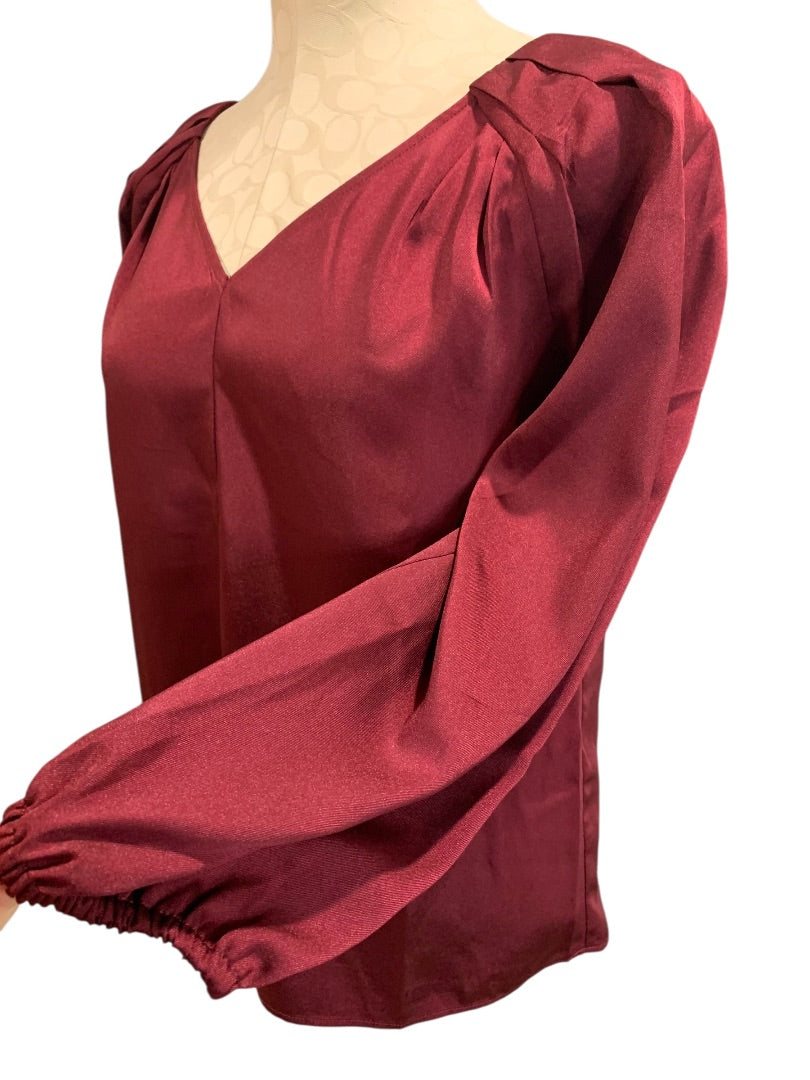 XS Loft Womens Burgundy Pullover Blouse Satiny Top V-Neck Long Sleeve