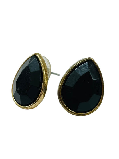 Goldtone Faceted Acrylic Black Post Pierced Earrings Teardrop .75"