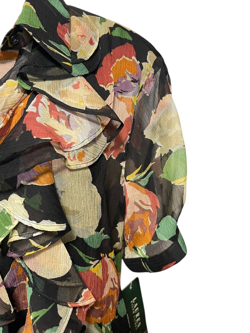 XL Lauren Ralph Lauren Sheer Floral Ruffled Button Down Blouse New Womens