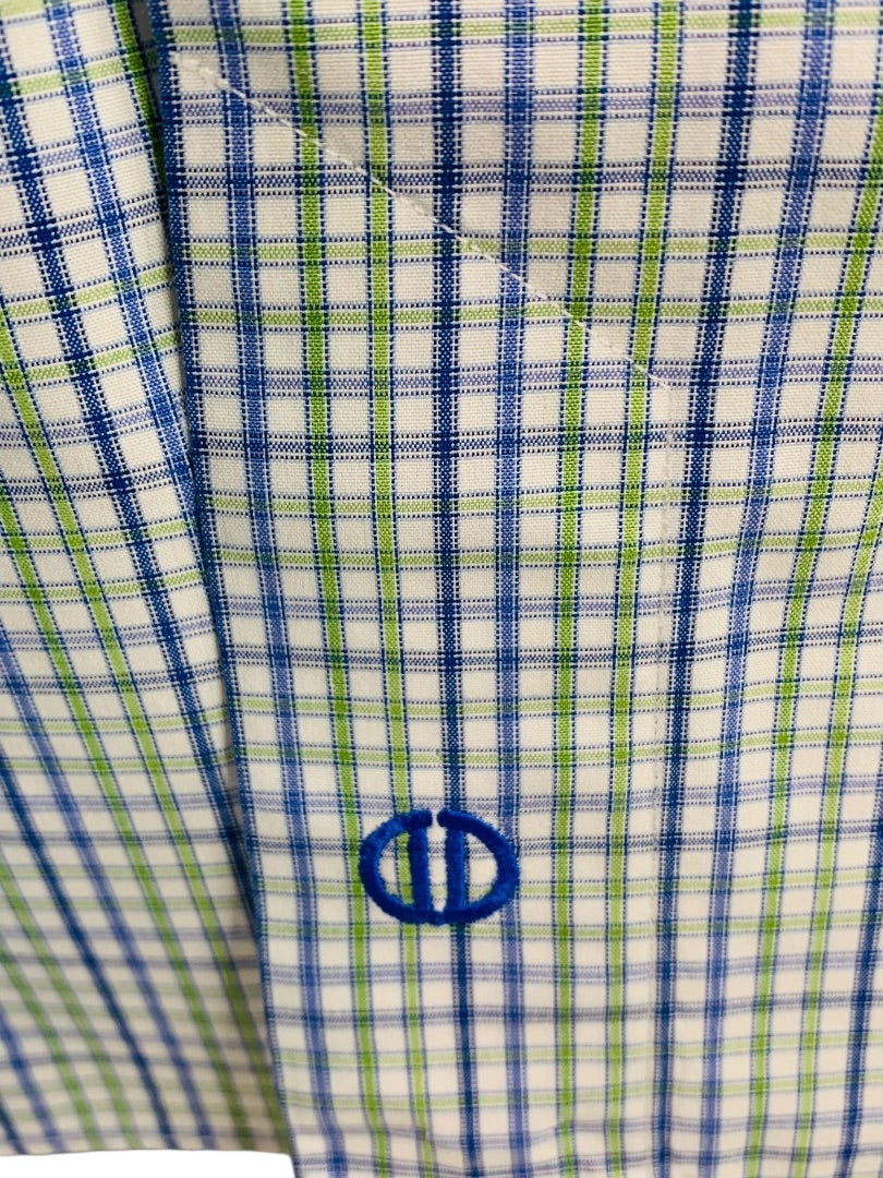 17.5 (32/33) David Donahue Mens Button Up Dress Shirt Plaid Blue Green