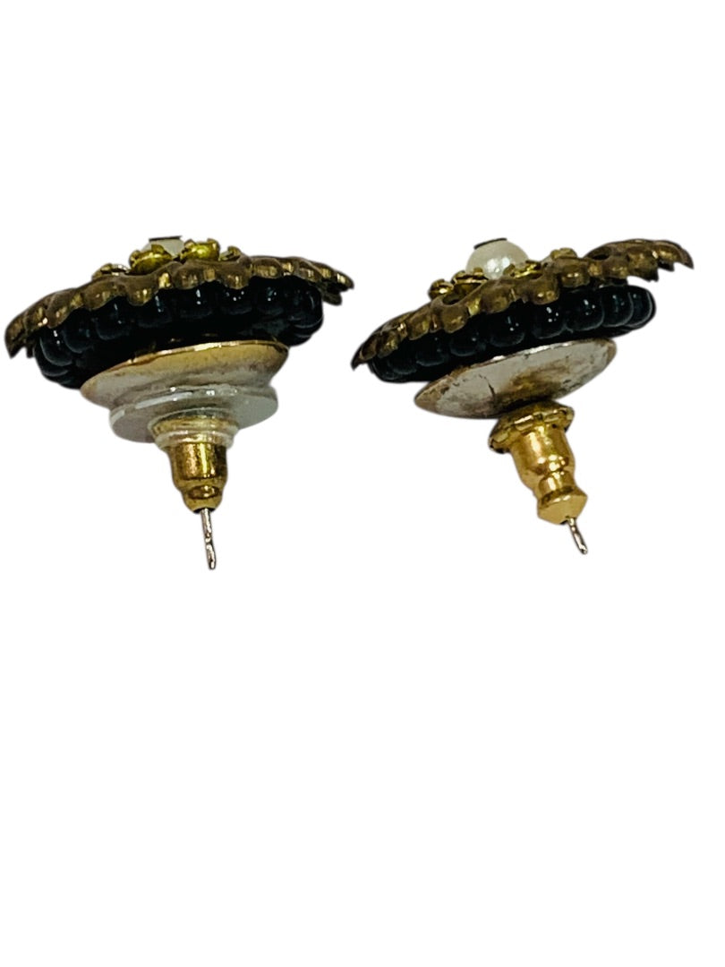Retro Style Post Pierced Earrings Goldtone Black Beaded Rhinestones .8"