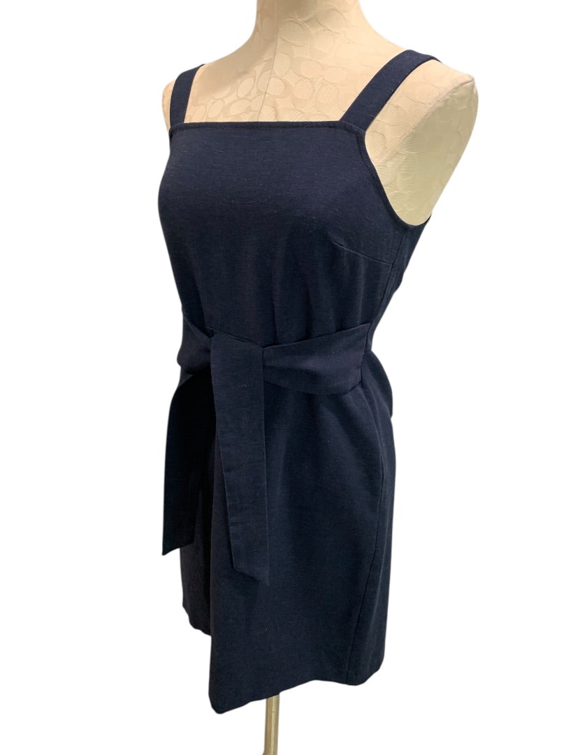 Size 4P Loft Navy Blue Belted Dress Sleeveless Back Zip Linen Blend