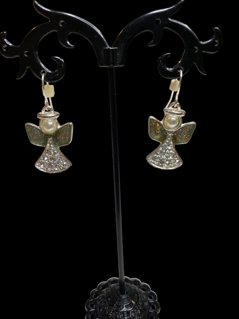 Angel Earrings Fishhook Pierced Silvertone 1.4" Drop Sparkly