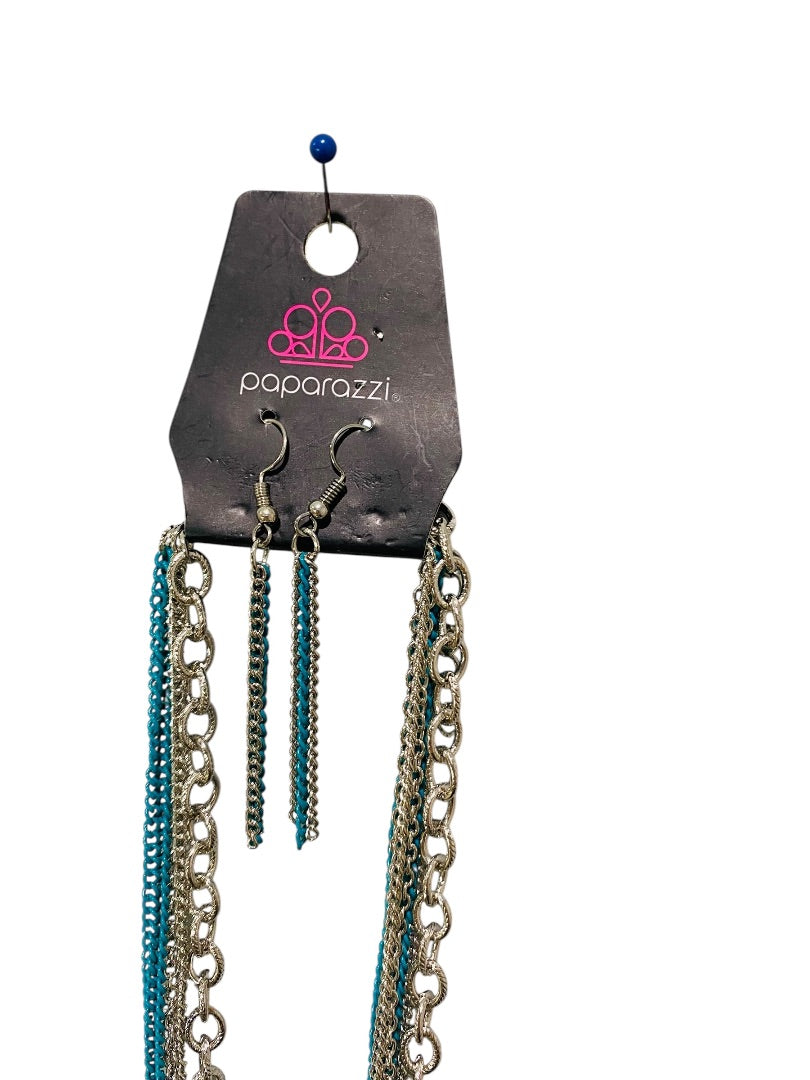 Paparazzi New Silvertone Necklace and Earring Set Turquoise Multistrand 40"