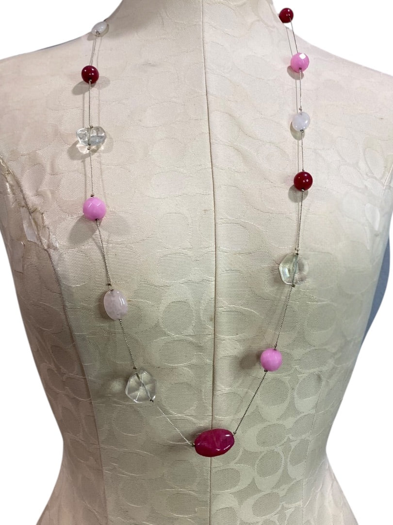 Silvertone Strand String Beaded Necklace Lobster Clasp Raspberry Pink Beads 36"