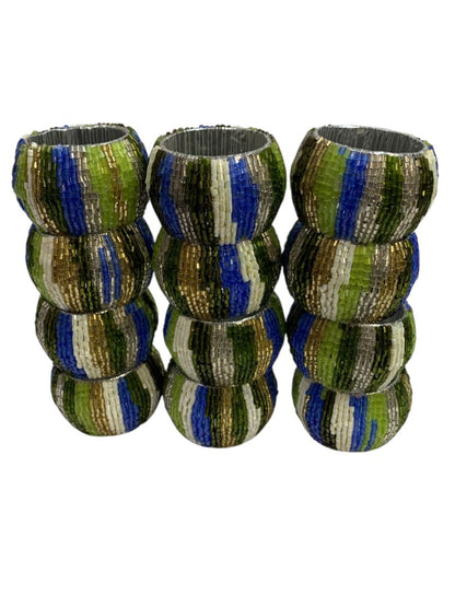Set of 12 Beaded Napkin Rings Silvertone White Blue Green Stripes