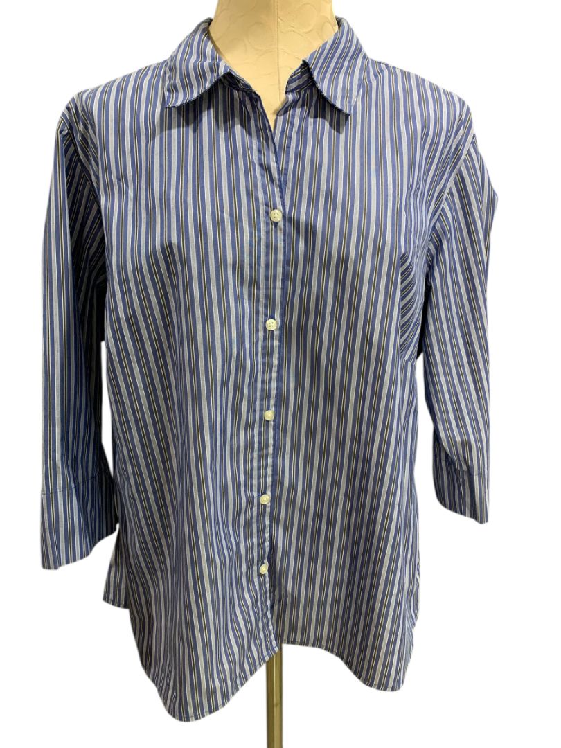 Size 1X ALS Wrinkle Free Blue Stripe Womens Button Up Shirt Wrinkle Free
