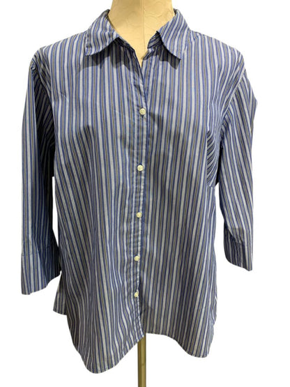 Size 1X ALS Wrinkle Free Blue Stripe Womens Button Up Shirt Wrinkle Free