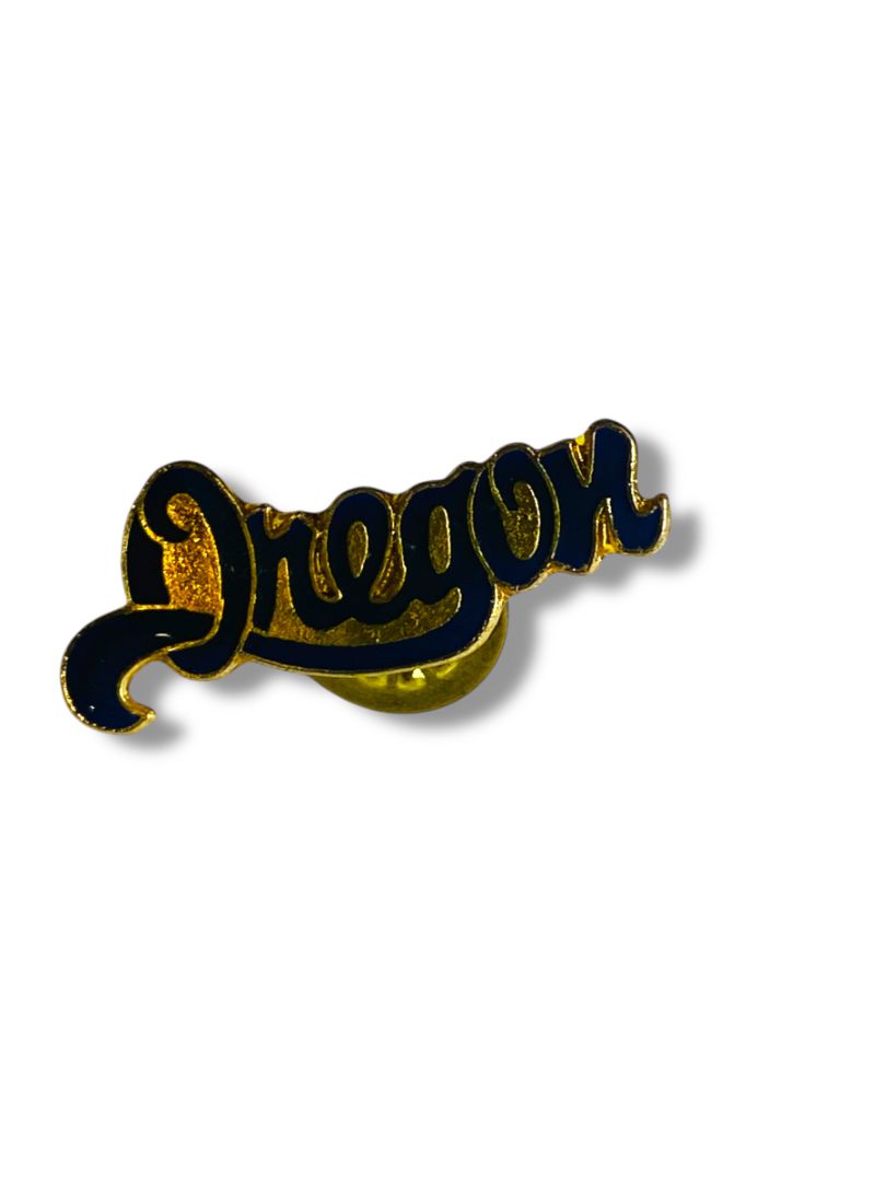 Vintage Oregon Lapel Pin Goldtone Navy Blue Script 1.25"