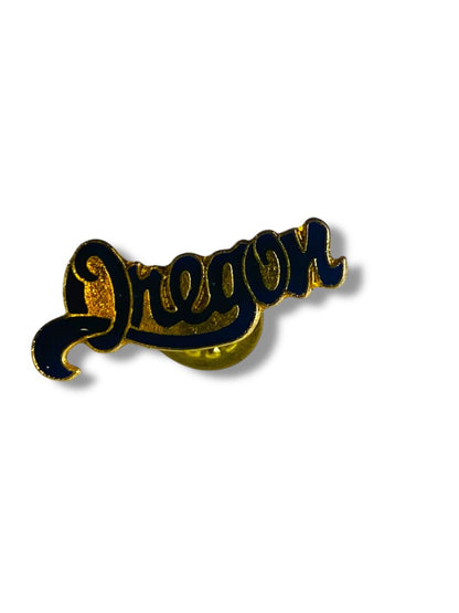 Vintage Oregon Lapel Pin Goldtone Navy Blue Script 1.25"
