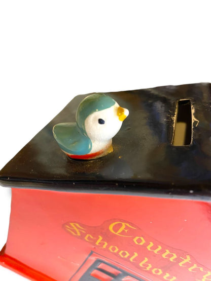 Vintage Lego Japan Ceramic Country Schoolhouse Bank Red Bird on Roof