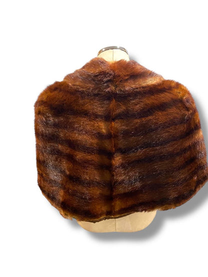 Vintage Brown Mink Fur Cape Shawl Bolero Stole Wrap Let-Out Pelts Striped Midcentury