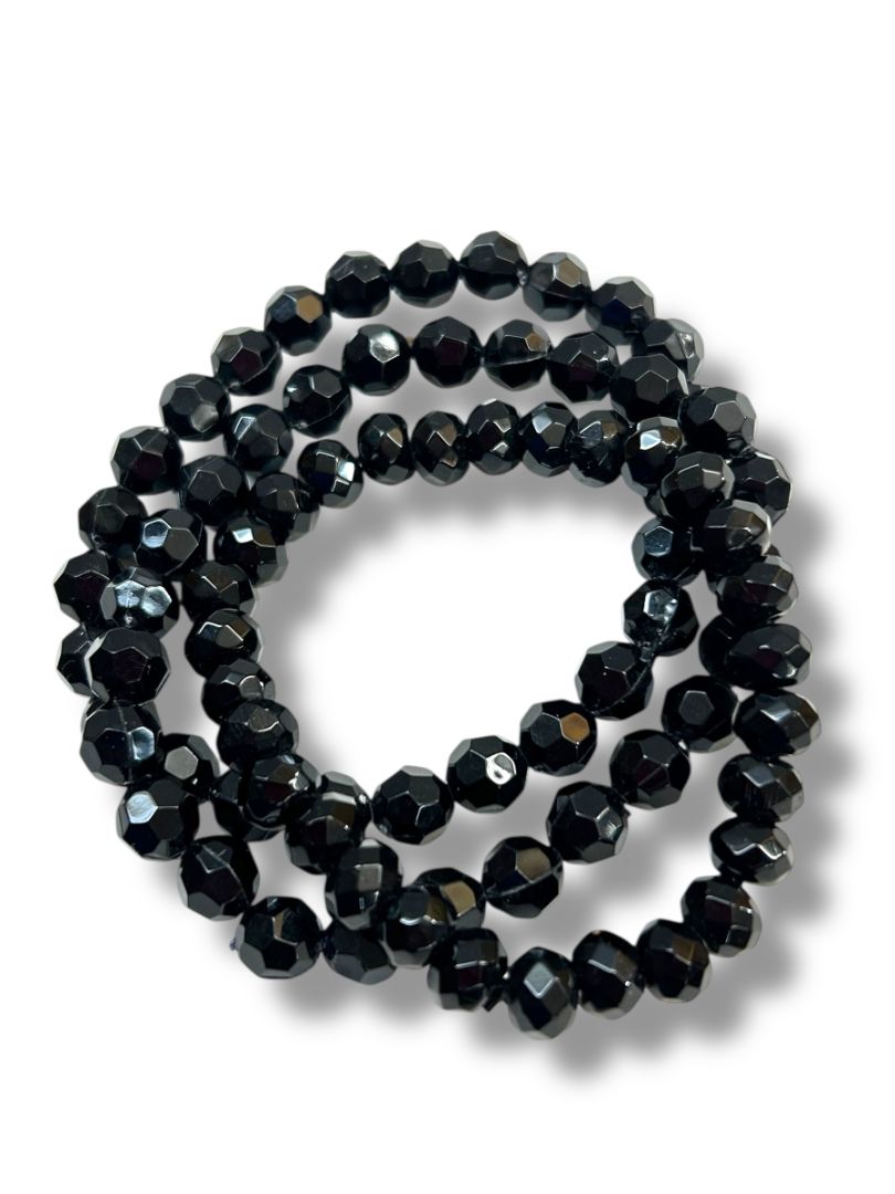 Set of 3 Black Stretch Bracelets Shiny Faceted Beads