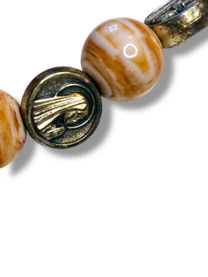 Stretch Acrylic Silvertone Beaded Bracelet Virgin Mary Cross