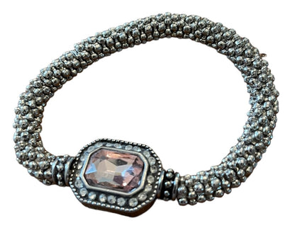 Silvertone Roll On Stretch Bracelet Pink Faceted Glass