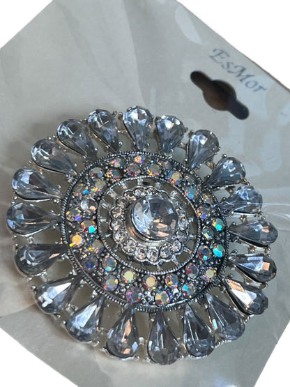 NEW Silver Tone Rhinestone EsMor Statement Flower Brooch Round