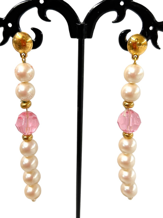 Vintage 3" Dangle Drop Earrings Post Pierced Faux Pearl Pink Beads
