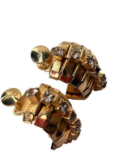 Signed Coro Screwback Non-Pierced Earrings Goldtone Rhinestone Hoop 1 1/8"
