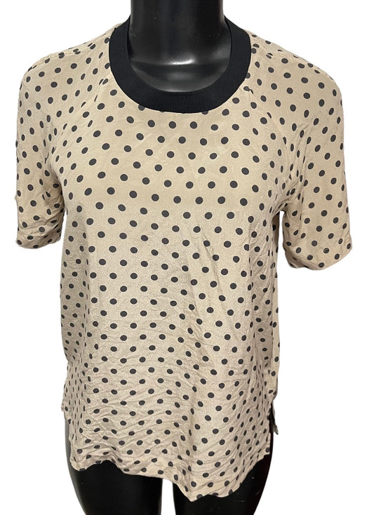 XS Madewell Short Sleeve Polka Dot Womens Silk Blouse Zipper Black Tan