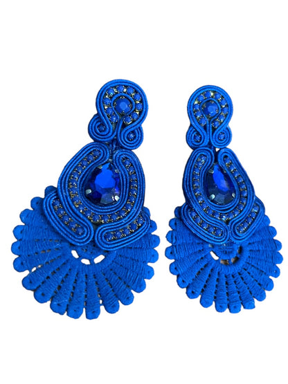 Soutache Post Pierced Statement Flat Ribbon Earrings Royal Blue 3.75"