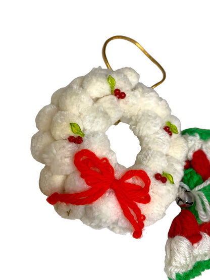 Set of 2 Vintage 1980s Handmade Christmas Holiday Ornaments Stocking Crochet Pom Pom Wreath